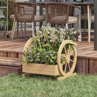 Outsunny Wooden Wagon Planter Box, 3-Tier Raised Garden Bed, for Vegetables Flowers Herbs, 24" x 24" x 22", Natural