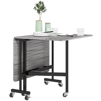 HOMCOM Six-Seater Drop-Leaf Dining Table with Wheels, Grey
