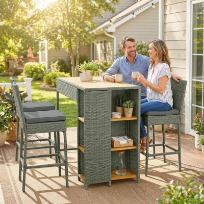 Outsunny 5 Piece Wicker Bar Set, High Top Table & Chairs, Gray