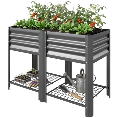 Outsunny Raised Garden Bed Steel Elevated Planter with Shelf, 31.5", Gray