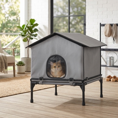 PawHut Outdoor Cat House, Waterproof Insulated Cat Kennel with Elevated Base, Foldable Feral Kitty Shelter for Kittens, Grey