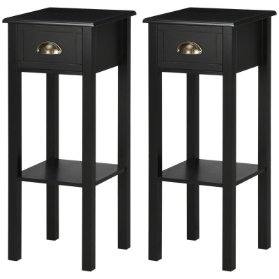 HOMCOM 2-Tier Nightstand Set, Drawer & Shelf, Black, 2-Piece
