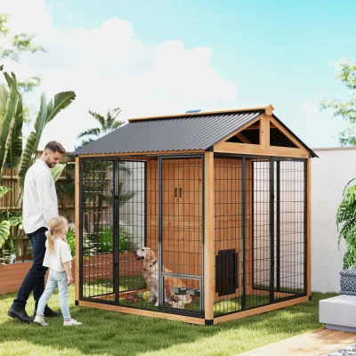 PawHut 7' x 6' Wood Outdoor Dog House with Storage & Bowls, Yellow