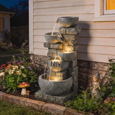 Outsunny 31.5" Outdoor Water Fountain with LED Lights, 5-Tier Decor