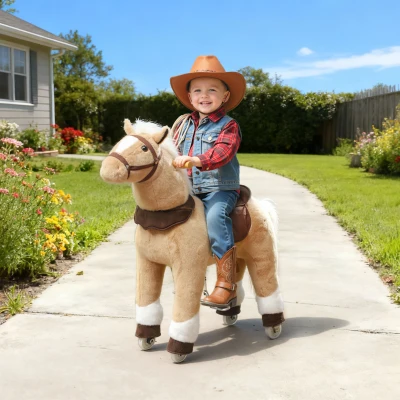 Qaba Plush Ride-On Horse with Wheels for Ages 3-5, Brown