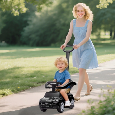 Qaba Licensed Mercedes-Benz Push Car for Toddlers, 2-in-1 Sliding Walking Car with Push Handle, Horn, Guardrail, Black