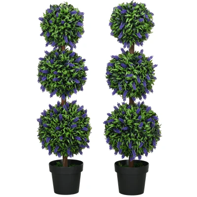 HOMCOM 3.5ft Set of 2 Artificial Plants, Lavender Flowers Ball Trees with Pot, for Home Indoor Outdoor Decor