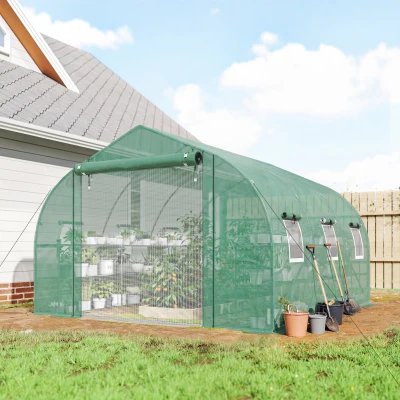 Outsunny 10'x11' Walk-in Greenhouse with Shelves & PE Cover, Green