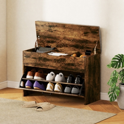 HOMCOM Shoe Storage Bench with Flip Drawer and Lift Top Storage, Entryway Bench with Seat Cushion for Hallway, Rustic Brown