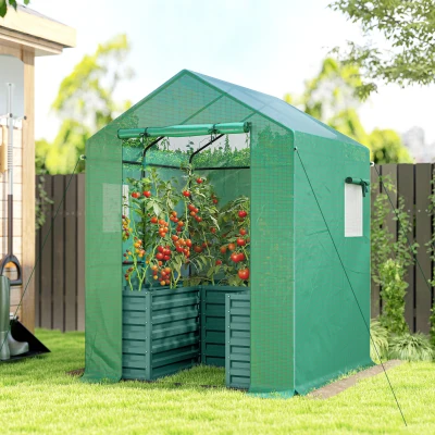 Outsunny Greenhouse with Raised Garden Bed & Roll-Up Door, Green