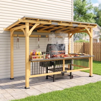 Outsunny 13' x 6' Wooden BBQ Gazebo with Metal Roof & Shelves