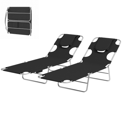 Outsunny 2 Outdoor Tanning Chairs with Face Hole & Pillow, Black