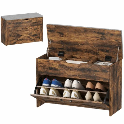HOMCOM Shoe Storage Bench with Flip Drawer and Lift Top Storage, Entryway Bench with Seat Cushion for Hallway, Rustic Brown