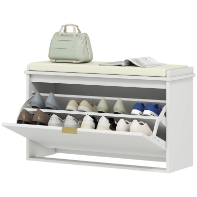 HOMCOM Shoe Storage Bench with Cushion and Flip-Drawer, White