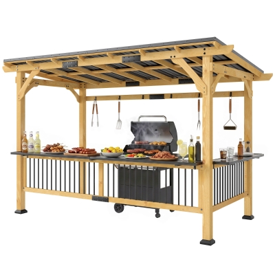 Outsunny 13' x 6' Wooden BBQ Gazebo with Metal Roof & Shelves