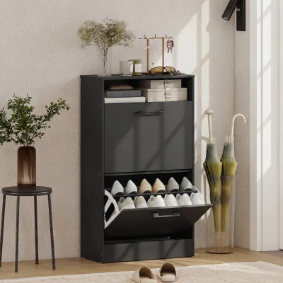 HOMCOM Shoe Cabinet 2 Flip Drawers Adjustable Dividers Black