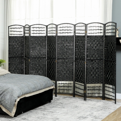 HOMCOM 8 Panel Folding Room Divider, Portable Privacy Screen, Wave Fiber Room Partition for Home Office, Black