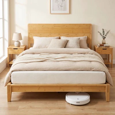 HOMCOM Queen Bamboo Platform Bed Frame with Headboard, Natural