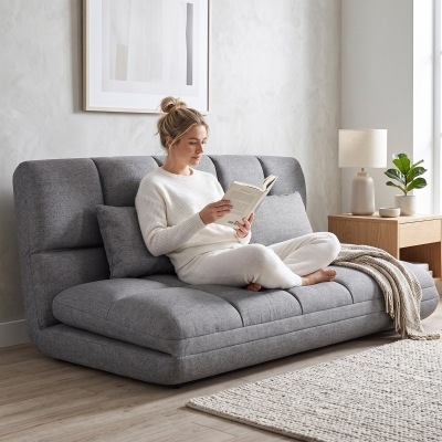 HOMCOM 51" Folding Floor Sofa, Foldable 2-Seater Lazy Sofa Sleeper Bed, Adjustable Linen Floor Couch with 9-position Backrest, 2 Pillows and Wide Seat for Living Room, Grey