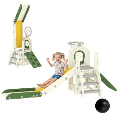 Qaba Foldable 5 in 1 Toddler Slide with Ladder, Climbing Wall, Basketball Hoop, Storage and Basketball for 1-3 Years, Cream