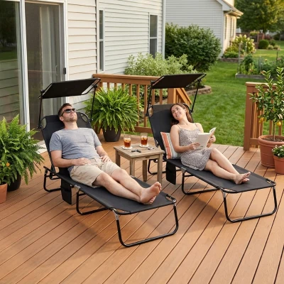 Outsunny Folding Chaise Lounge Chairs, Outdoor Reclining with Canopy, Black