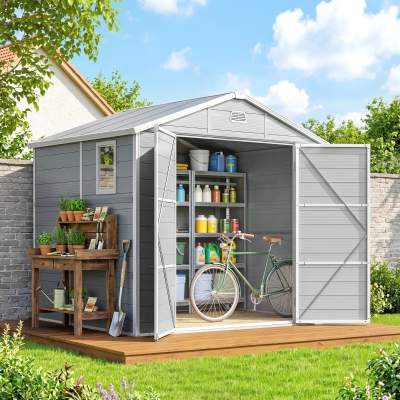 Outsunny 8' x 6' Garden Storage Shed, Outdoor Tool & Equipment Storage House with Wide Door, Foundation Kit, Vents, Window, Light Grey