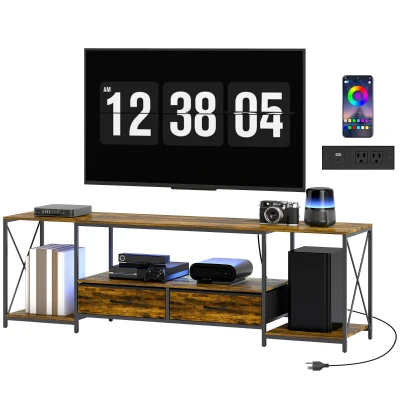 HOMCOM Industrial TV Stand for up to 60 Inch TV, TV Console with Charging Station and RGB LED Lights, Rustic Brown