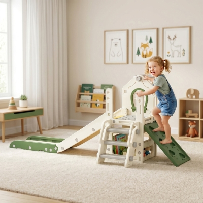 Qaba Foldable 5 in 1 Toddler Slide with Ladder, Climbing Wall, Basketball Hoop, Storage and Basketball for 1-3 Years, Cream