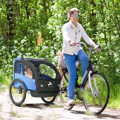 Aosom 2 Seat Bike Trailer for Kids, Bicycle Trailer with Storage Bag, 5 Point Harness, Bicycle Trailer with 20" Wheels, Blue