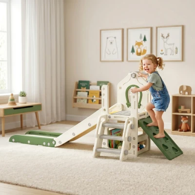Qaba Foldable 4-in-1 Toddler Slide Climber with Storage, Cream