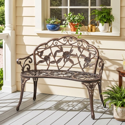 Outsunny 40" Outdoor Garden Bench, Cast Aluminum Antique Rose Style Patio Garden Park Loveseat Bench for Backyard, Porch, Balcony, Lawn, Bronze