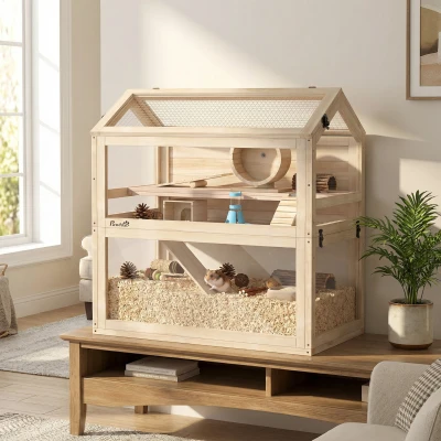 PawHut 3-Tier Wooden Hamster Cage with Hut, Ramps & Wheel