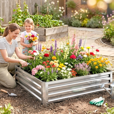 Outsunny 4' x 4' x 1' Galvanized Raised Garden Bed, Metal Garden Box with Open Bottom, Easy Assembly Outdoor Planter Box for Vegetables Flowers Herbs, Silver