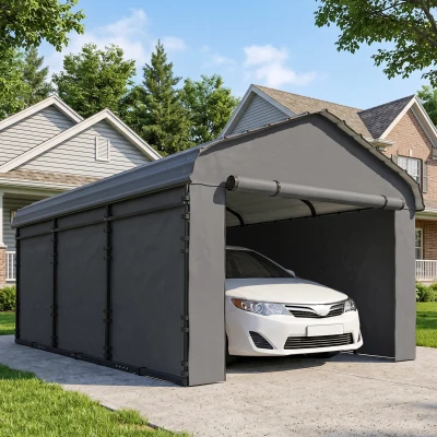 Outsunny 10' x 15' Metal Carport with Sidewalls, Dark Gray