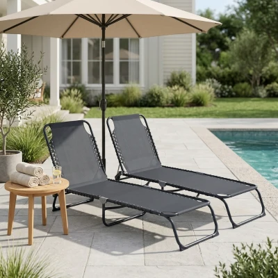 Outsunny Set of 2 Folding Chaise Lounge Chairs, Reclining, Gray