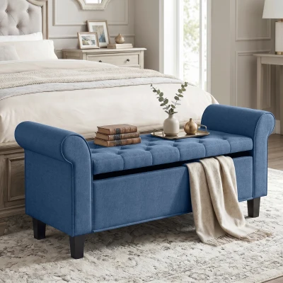 HOMCOM 47" Tufted Storage Ottoman Bench with Rolled Arms, Blue