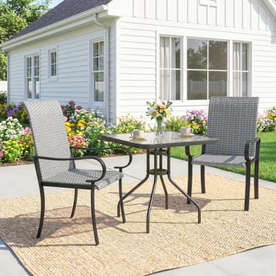 Outsunny Set of 2 Wicker Dining Chairs with Armrests, Gray