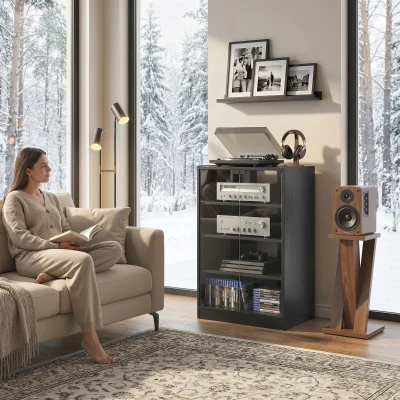 HOMCOM 4-Tier Media Cabinet with Glass Doors, Black
