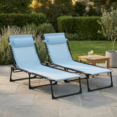 Outsunny Set of 2 Folding Chaise Lounge Chairs, Reclining, Blue