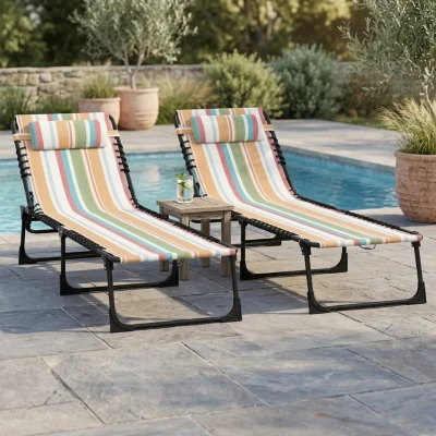 Outsunny 2 Folding Chaise Lounge Chairs, 4-Position, Striped Mesh