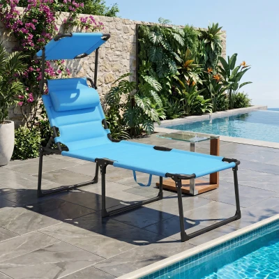 Outsunny Adjustable Outdoor Lounge Chair, Folding w/ Sun Shade, Blue