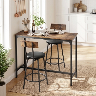 HOMCOM Bar Table Set Counter Height Barstools Set of 2 PU Cushioned Seats Rustic Brown