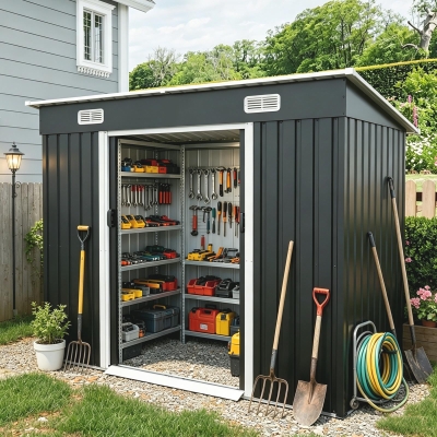 Outdoor Metal Storage Shed with Sliding Double Doors, Galvanized Steel Tool House with Lock‑Ready Holes, 94'' L x 48.5'' W x 71'' H, Black