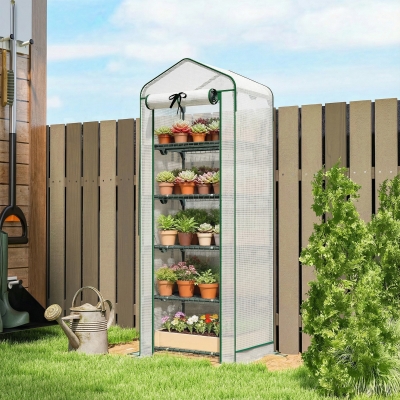 Outsunny Mini Greenhouse with Screen Roof, Portable Small Greenhouse with Roll-Up Zipper Door, 27.6" x 19.7" x 75.6", White