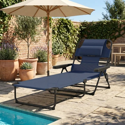 Outsunny Folding Lounge Chair with Reclining Back, Navy Blue