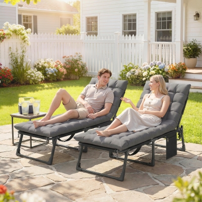 Outsunny 29.5" Wide Folding Chaise Lounge Chair Outdoor Tanning Chair Set of 2, Camping Cot with Cushion, Side Pocket, Dark Grey