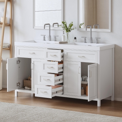 Double Sink Bathroom Vanity with Integrated Resin Sinks, 4-Drawer Storage Vanity for Modern Bathrooms, 59'' L x 19.5'' W x 33.5'' H, White