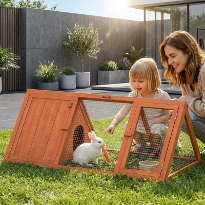 PawHut Wooden Rabbit Hutch with Run, Outdoor Bunny House