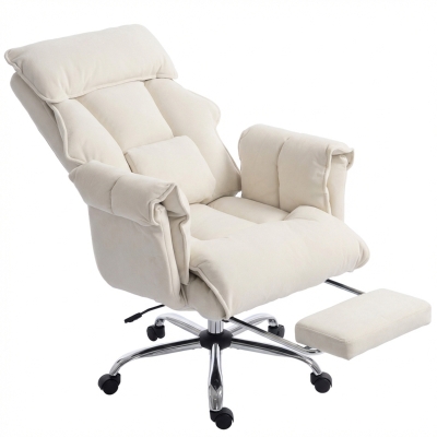 HOMCOM Desk Chair, Computer Office Chair with Footrest, Adjustable Backrest and Headrest, Cream White