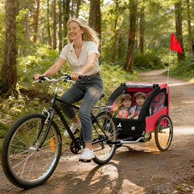 Aosom 2 Seat Bike Trailer for Kids, Bicycle Trailer with Storage Bag, 5 Point Harness, Bicycle Trailer with 20" Wheels, Red